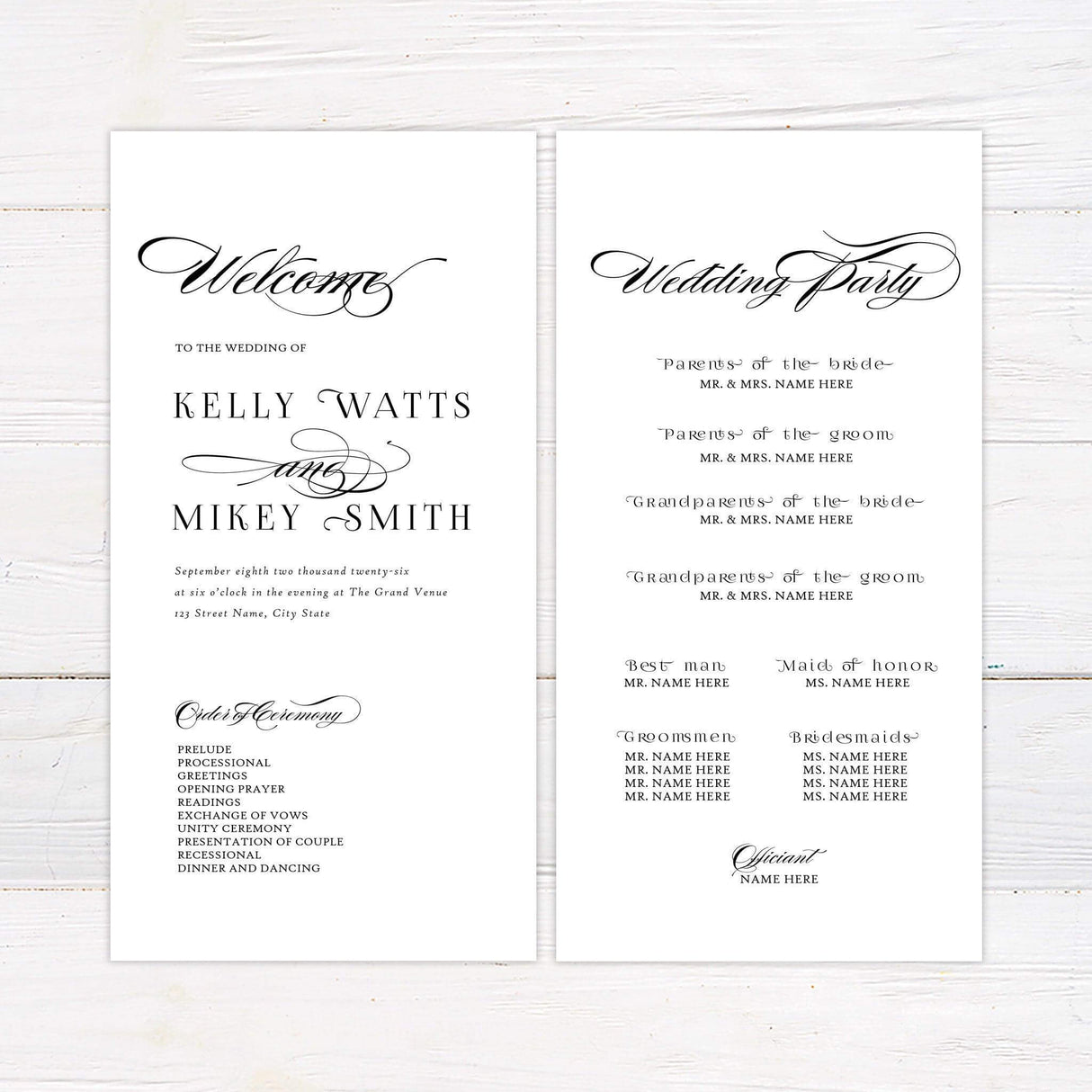 Simple script program with mixed fonts. Names of bride and groom in all caps and a simple font with the word and in Calligraphy in between.