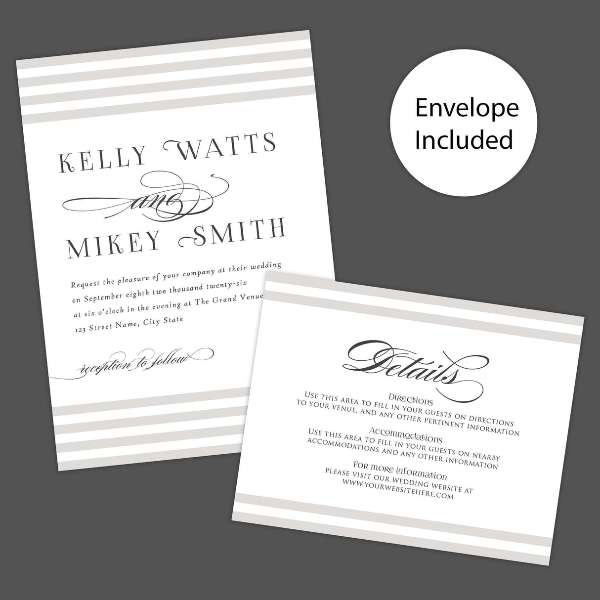Paragraph Style Striped Wedding Invitation with elegant serif and calligraphy fonts, featuring taupe and ivory stripes, envelope included