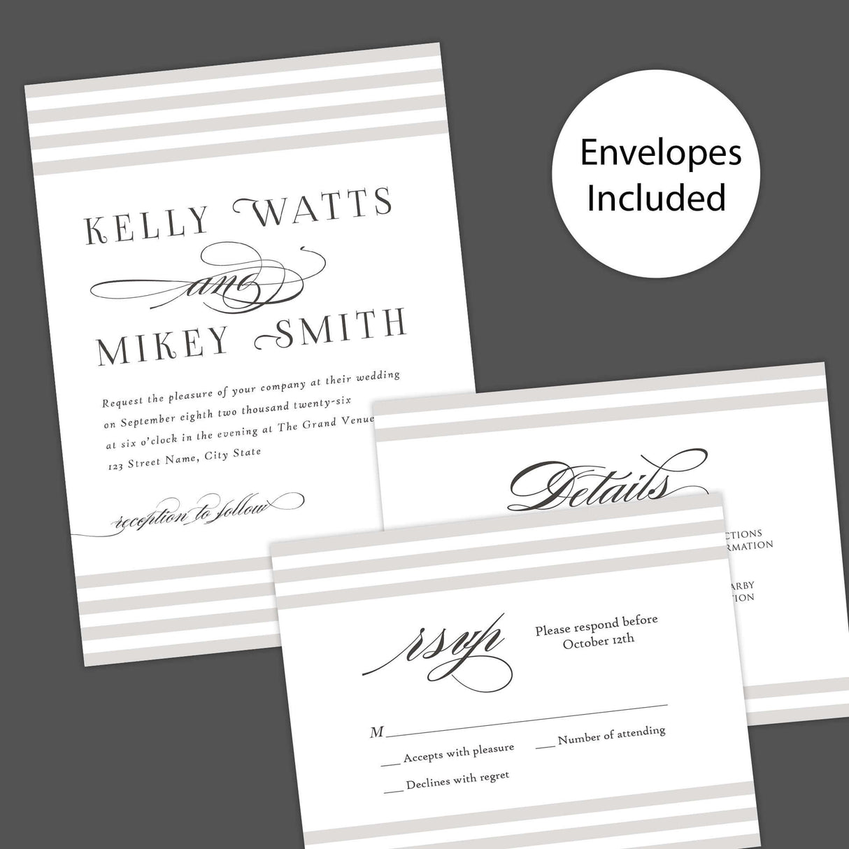 Paragraph Style Striped Wedding Invitation - Elegant taupe striped wedding invitation with serif fonts and envelopes included.