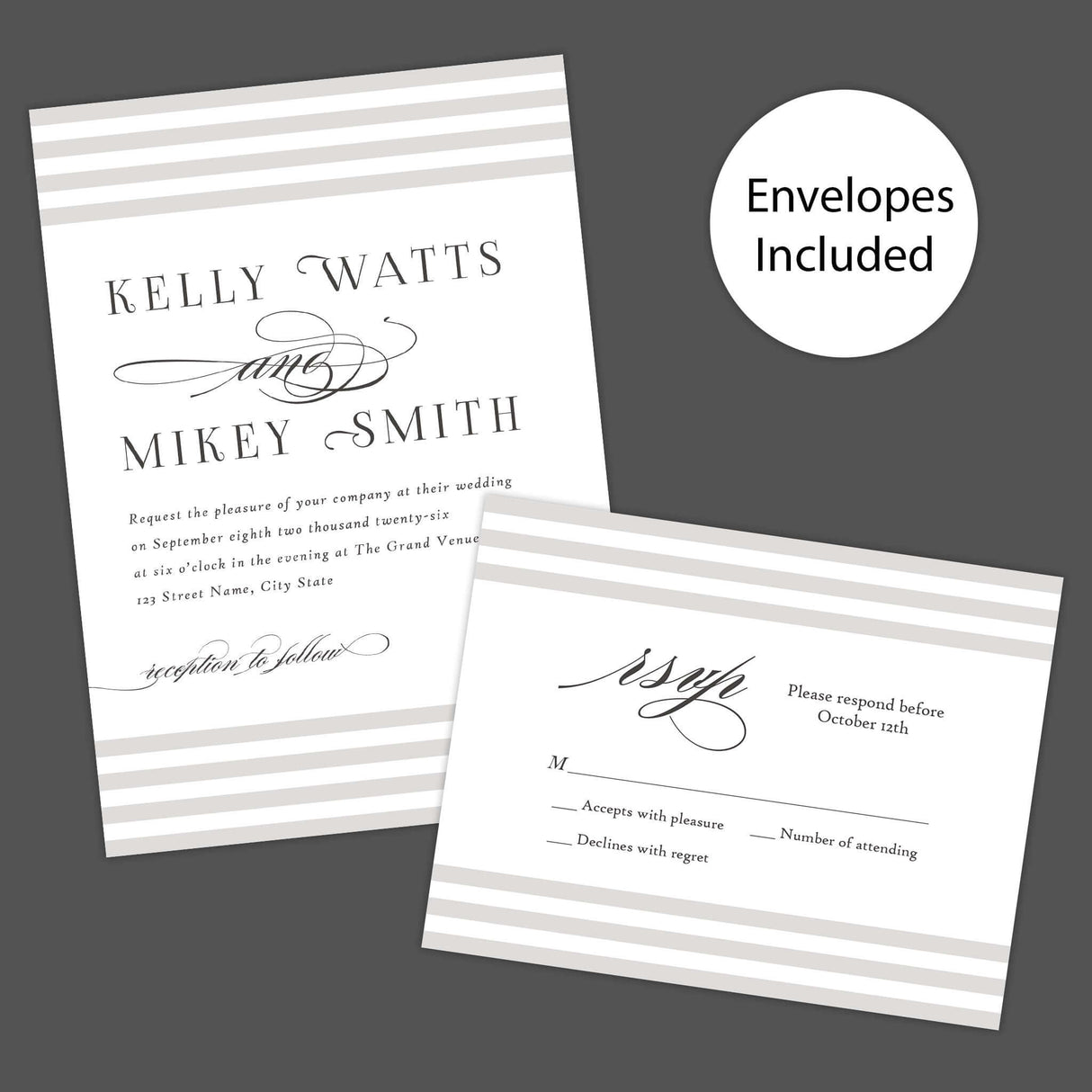 Paragraph Style Striped Wedding Invitation with envelopes, featuring taupe and ivory stripes, serif fonts, and calligraphy.