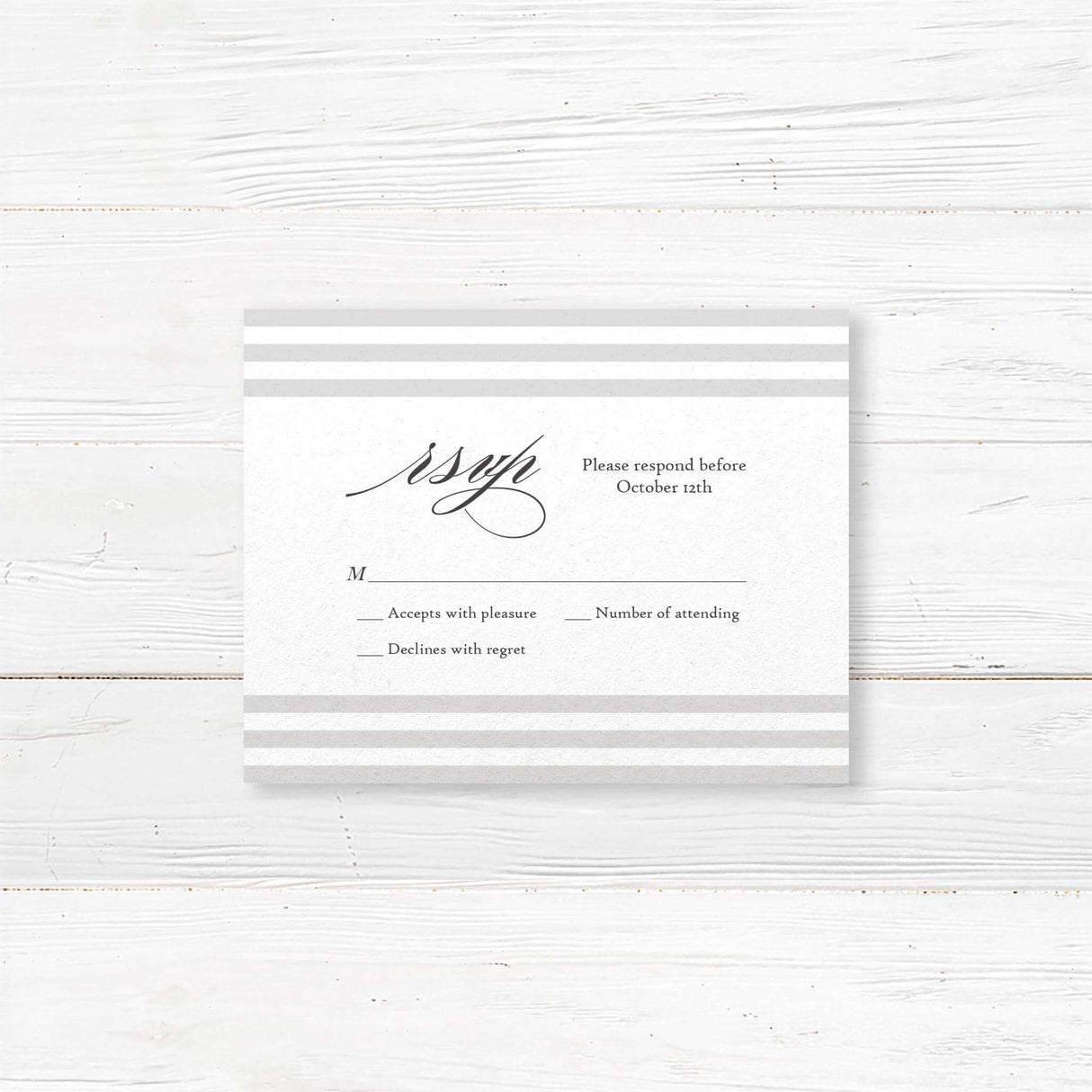 Paragraph Style Striped Wedding Invitation - Wedding RSVP card with taupe and ivory horizontal stripe accents, white background, clean serif fonts, and minimalist layout matching Paragraph Style Stripes invitation suite.