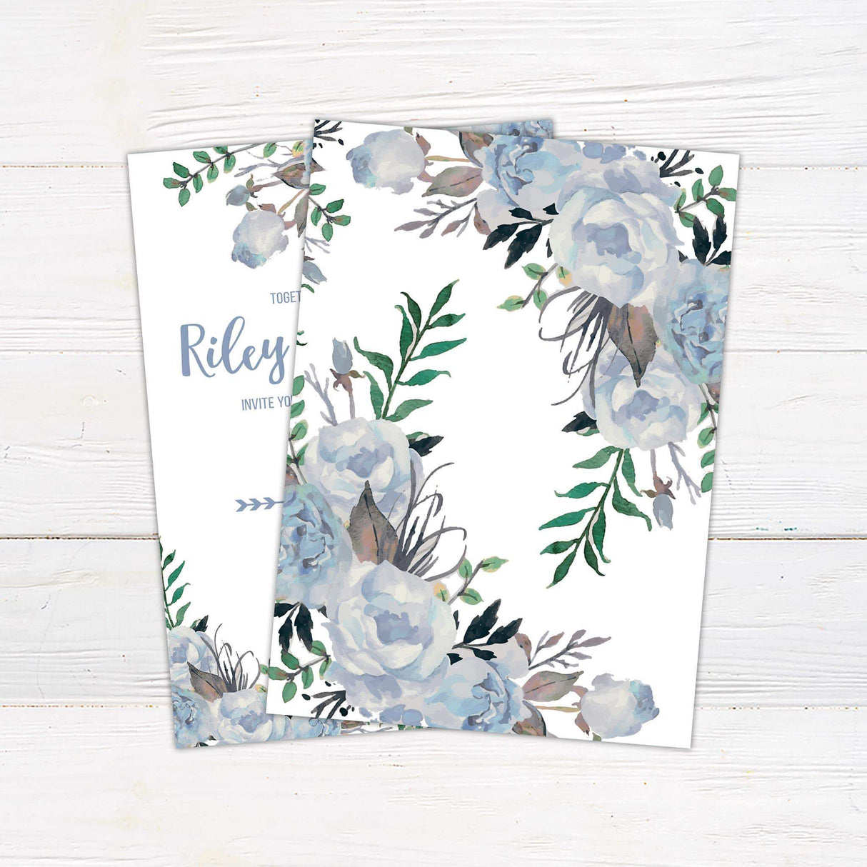 Wedding invitation with pastel blue and white watercolor roses, elegant script fonts, and a clean white background. - back side