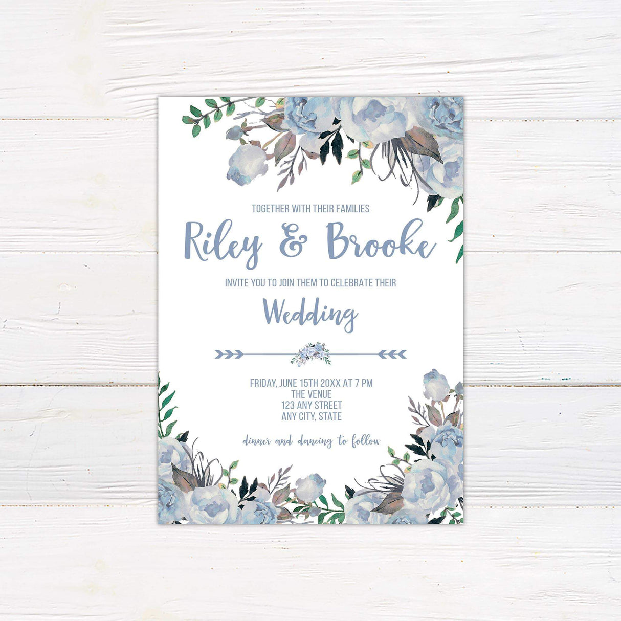 Wedding invitation with pastel blue and white watercolor roses, elegant script fonts, and a clean white background.