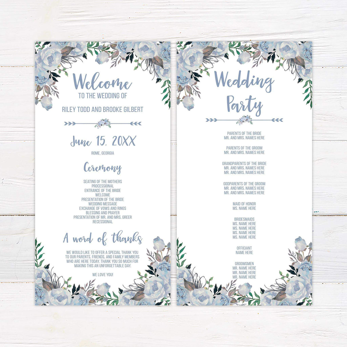 Wedding program with watercolor blue roses and greenery, elegant font pairing, and structured layout.