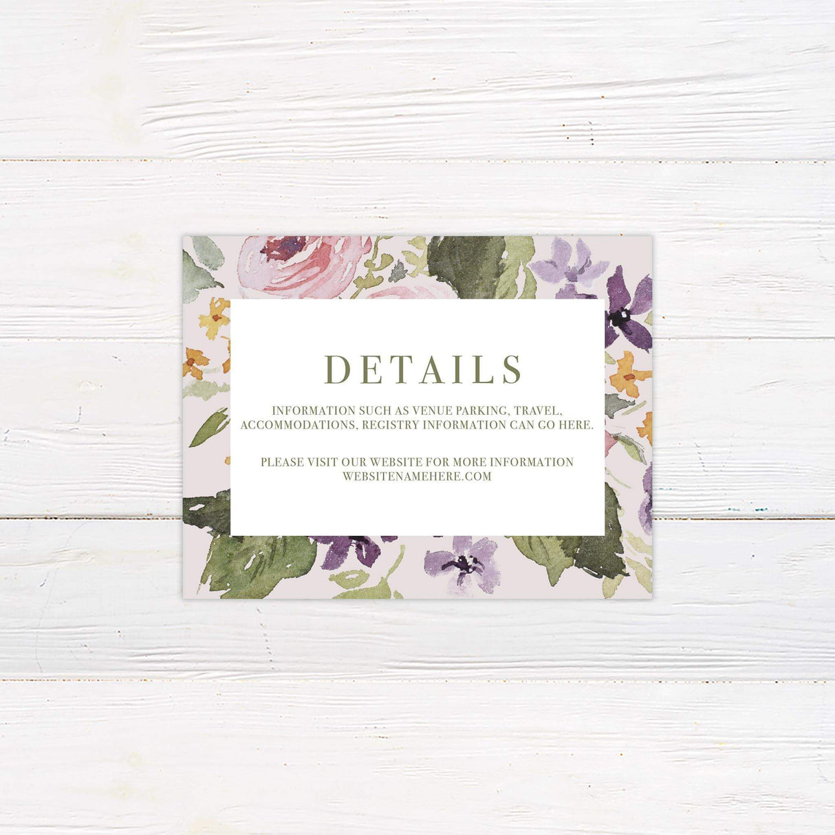 Wedding detail card featuring coordinating watercolor flowers in vintage pastel tones and refined serif layout.