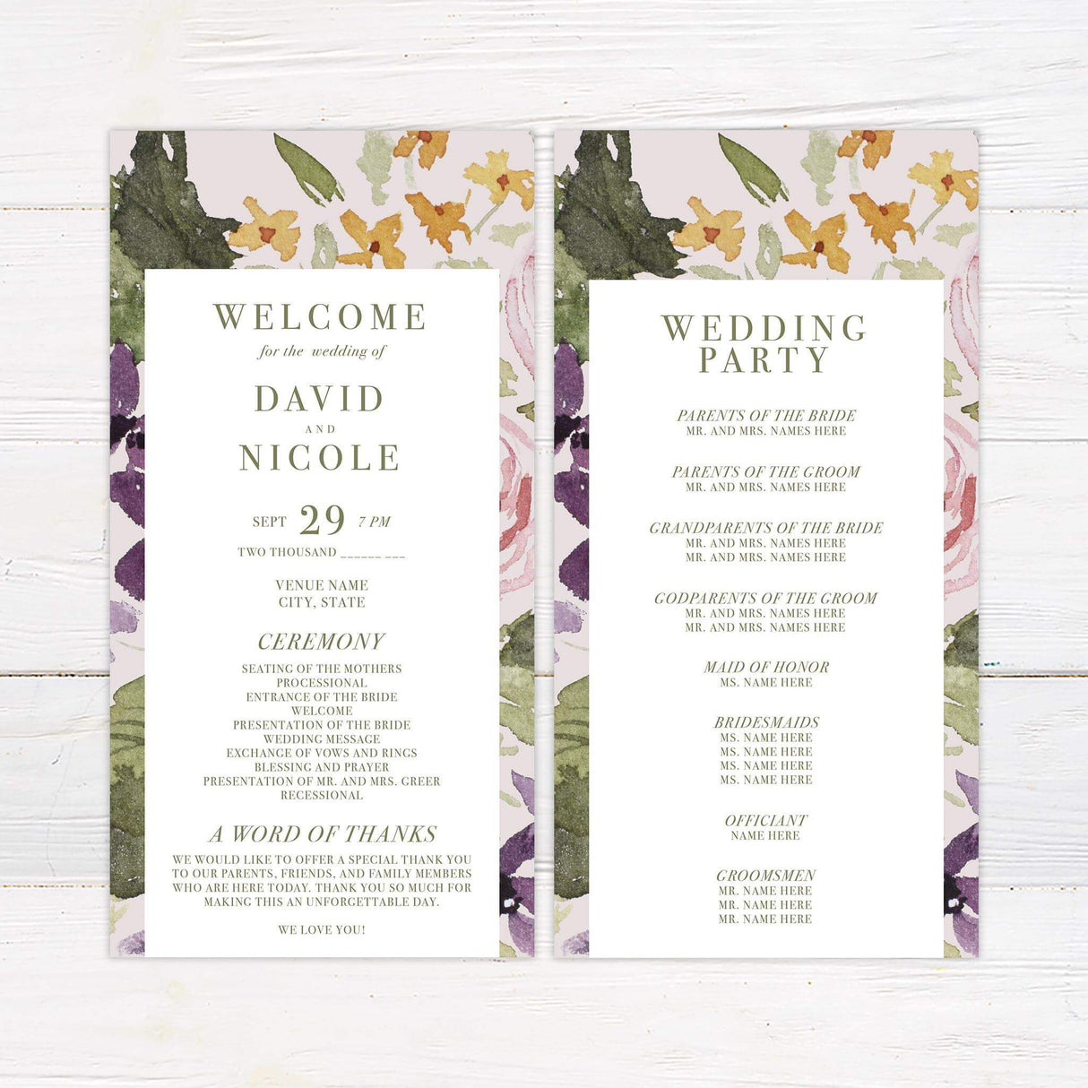 Wedding program with matching pastel florals, organized font layout, and elegant styling for a garden ceremony.