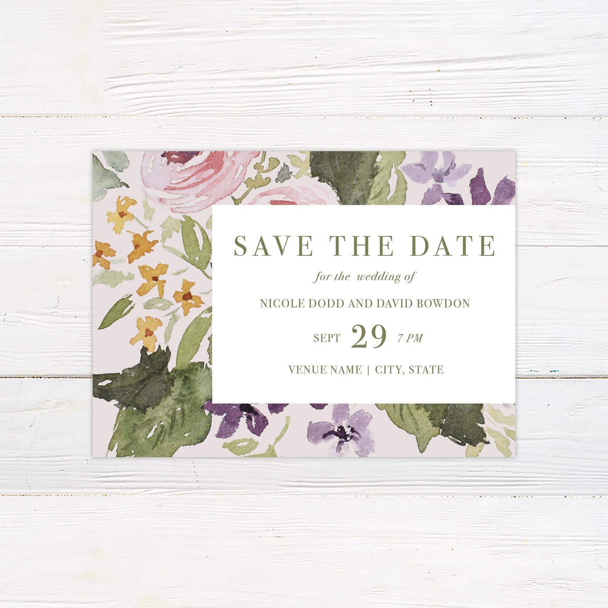 Save the date card with soft watercolor floral illustrations and formal serif text for a timeless wedding announcement.