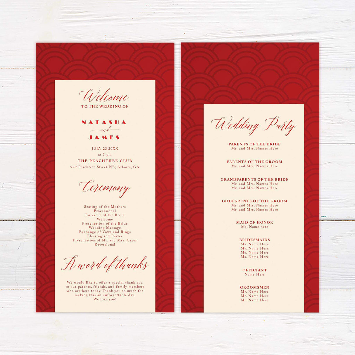 Wedding program with red and cream color scheme, art deco pattern border, and structured layout.