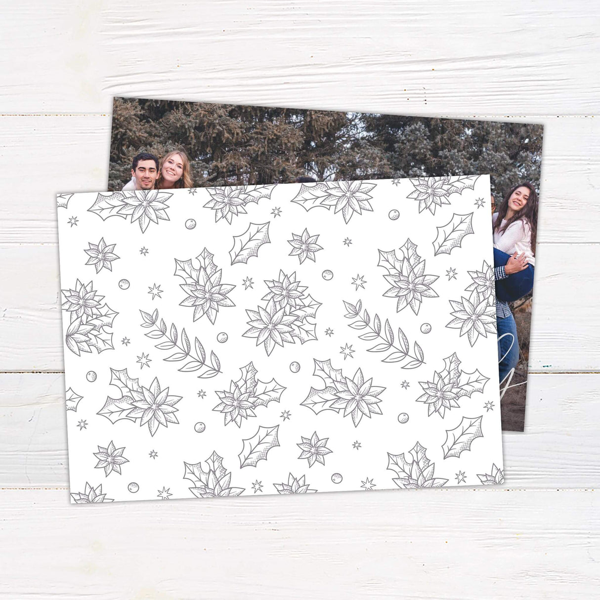 A holiday card design that uses a full photo layout with the words "Peace, Love & Family" written in elegant script. The design emphasizes warmth and togetherness. - back.