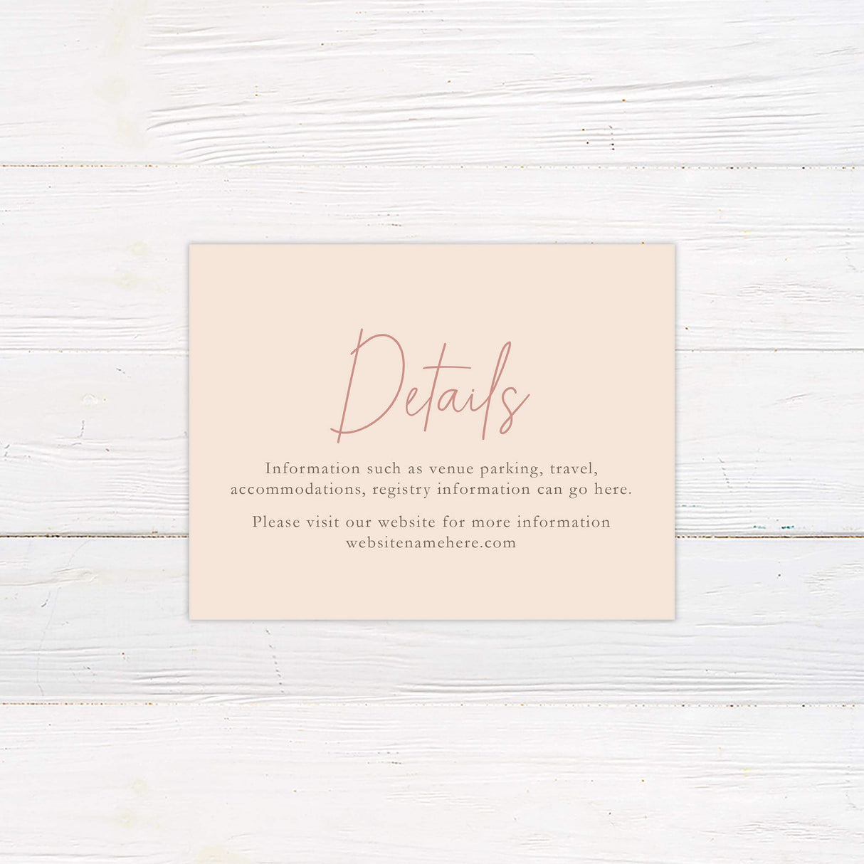 Wedding detail card featuring peach accents and elegant serif fonts, perfect for rustic spring themes.