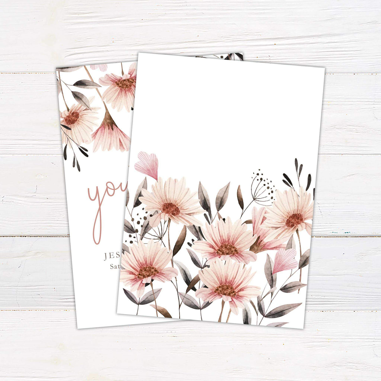 Beautiful peach daisies adorn the top of this invitation. Handwritten cursive script for main wording is in a deep peach color complimenting the center of the flowers. - back side
