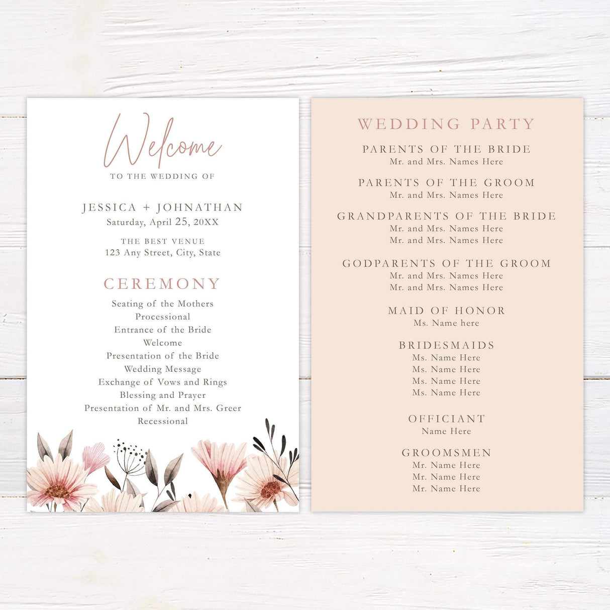 Wedding program with daisy floral border in blush and peach watercolor and clean modern typography.