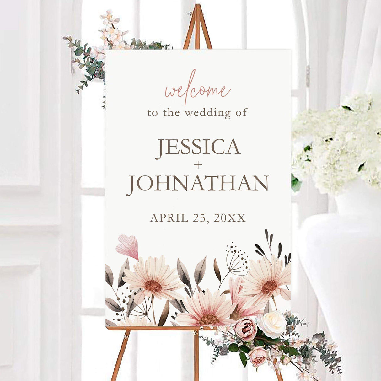 Blush floral peach daisy wedding welcome sign with watercolor-style daisies, neutral foliage, and elegant personalized lettering. The design features the couple’s names and wedding date on a clean white background.