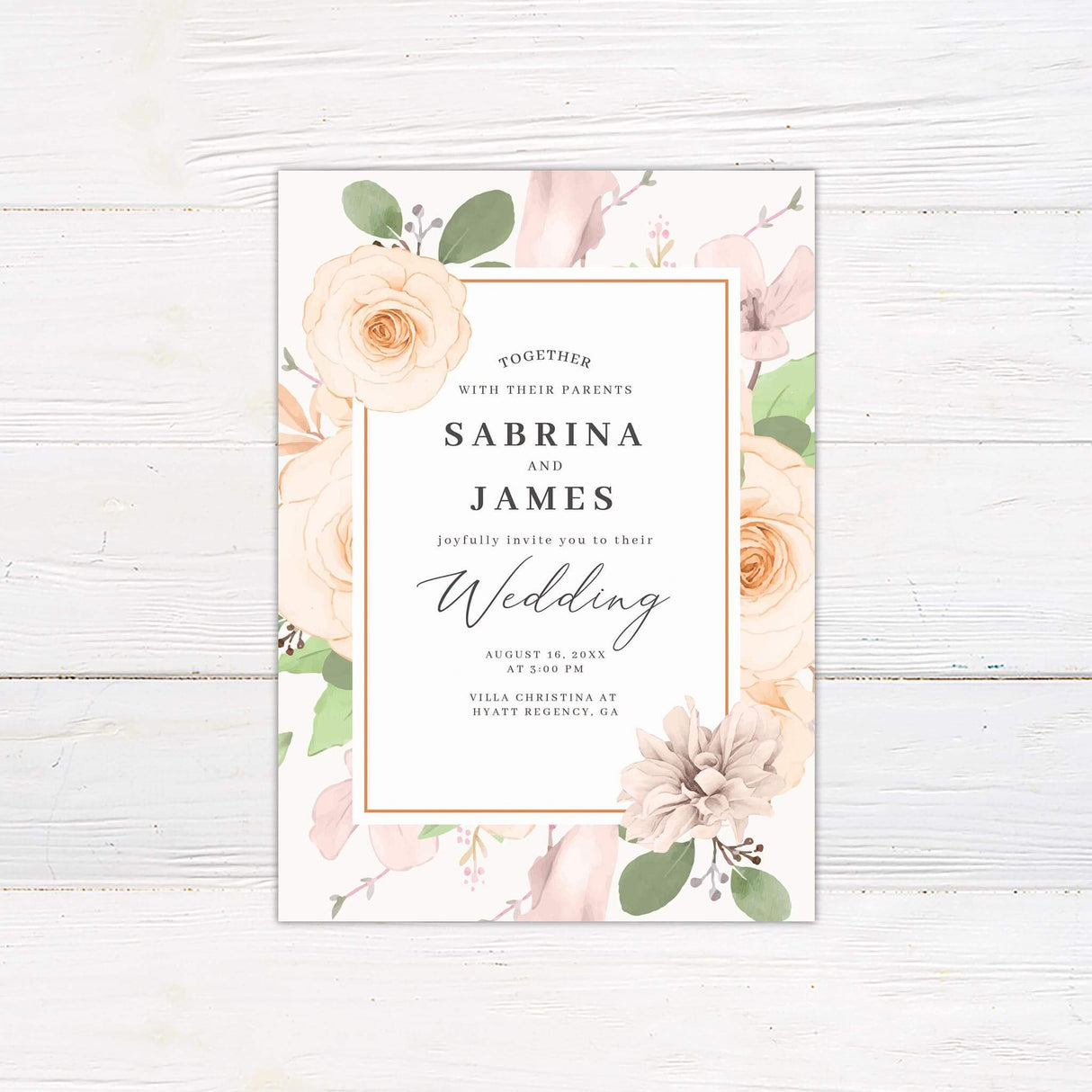 A wedding invitation with a soft cream background features elegant watercolor roses and florals in blush, beige, and green tones framing the design. The text is centered within a thin, rose gold-bordered rectangle, using a mix of serif and script fonts for a timeless and romantic feel. Event details, including the date, time, and venue, are clearly displayed in a balanced layout. This design exudes sophistication and charm, perfect for classic, garden, or vintage-inspired weddings.