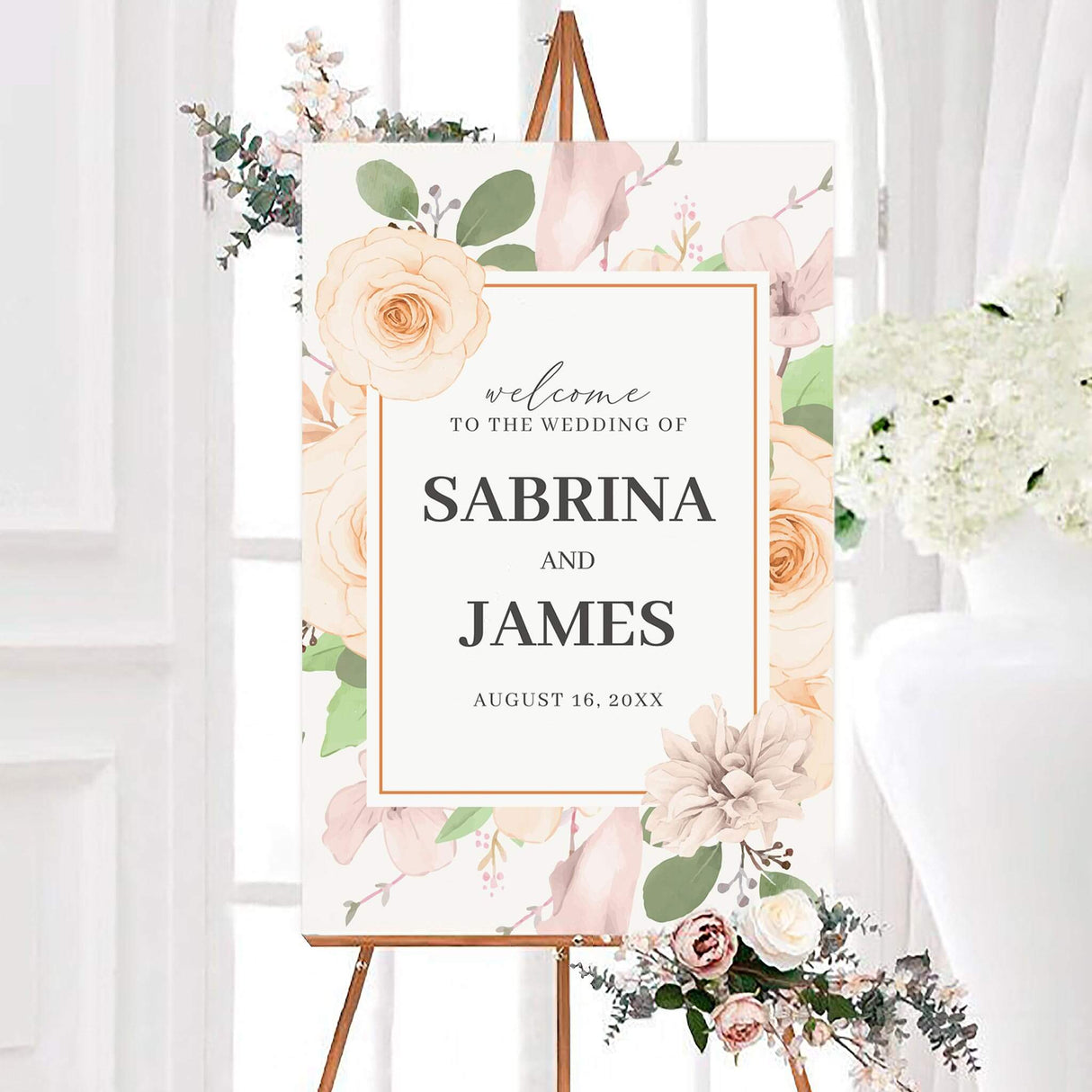 Romantic peach dreams wedding welcome sign featuring peach, blush, and cream watercolor flowers with soft green foliage. The personalized design displays the couple’s names and August wedding date inside a peach-bordered white panel.