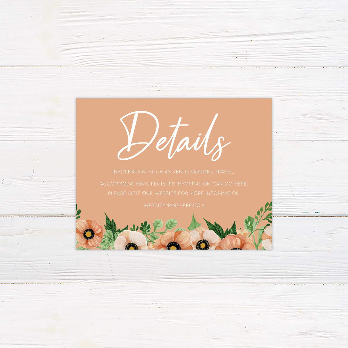Wedding detail card with matching floral elements and modern layout on a clean white background.