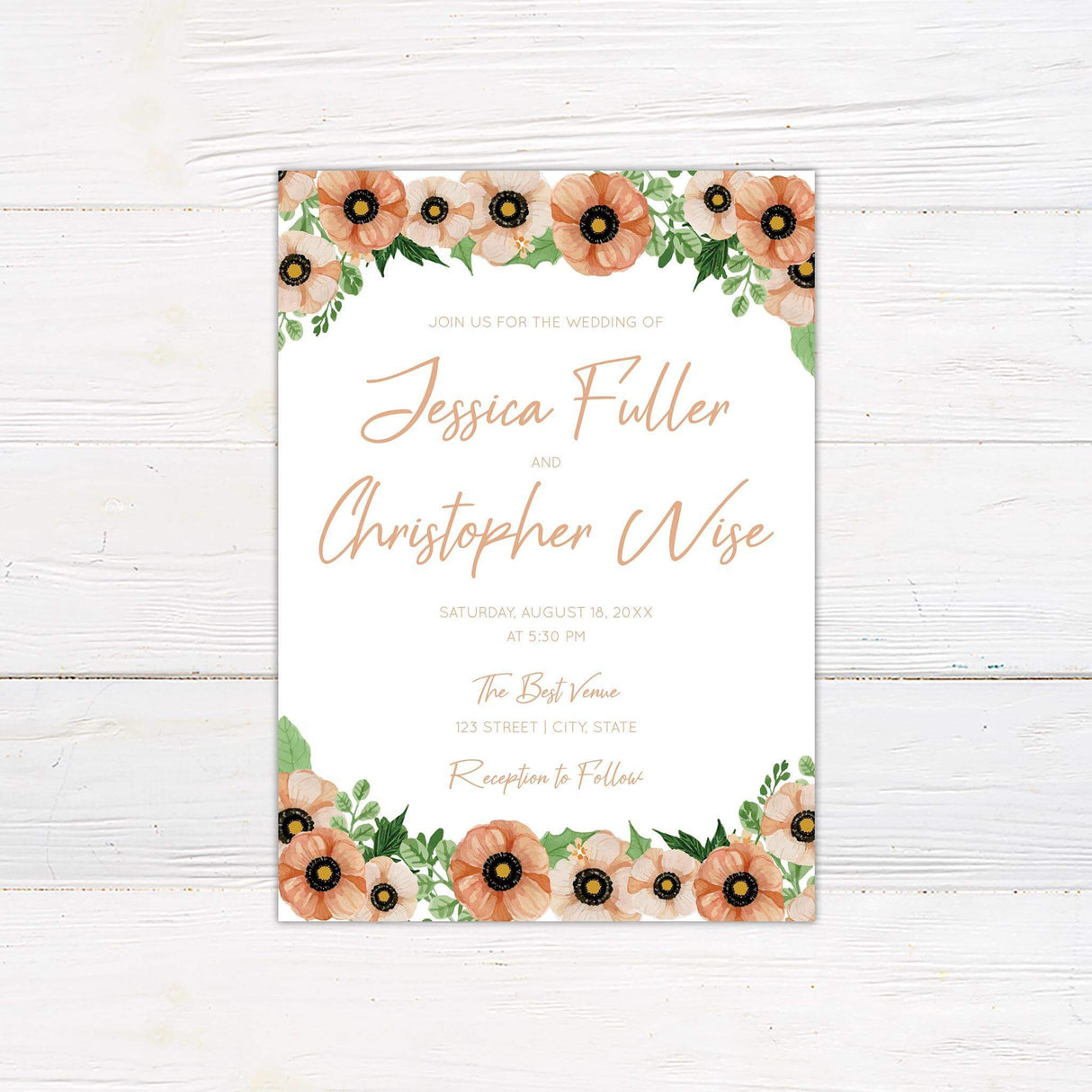 Wedding invitation with peach poppy watercolor flowers, green foliage, and elegant script fonts on a clean white background.