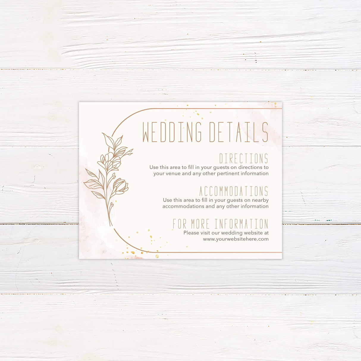 Wedding detail card featuring coordinating floral line illustrations and modern tall sans-serif text layout.