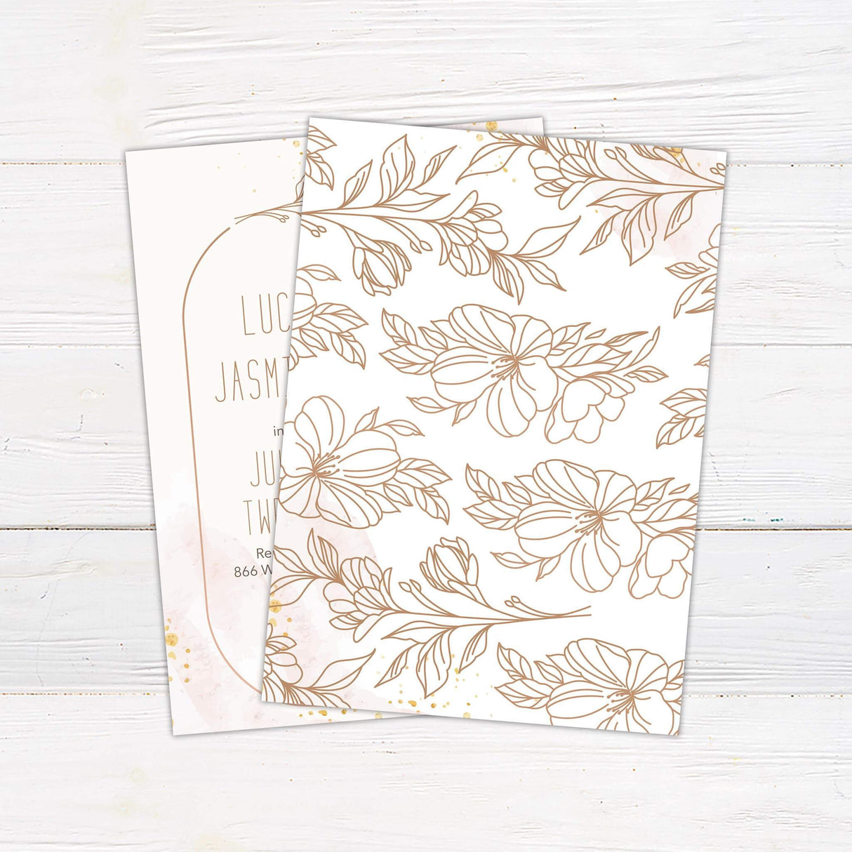 Minimalist wedding invitation with peach and blush watercolor background, rose gold floral line art, and tall modern sans-serif fonts. - back side