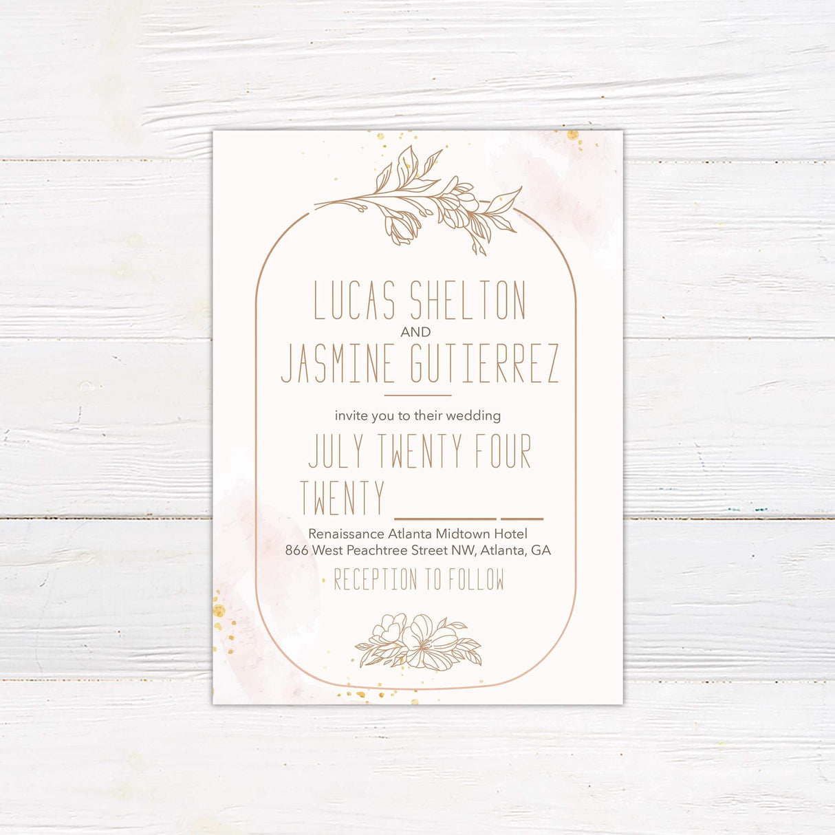 Minimalist wedding invitation with peach and blush watercolor background, rose gold floral line art, and tall modern sans-serif fonts.