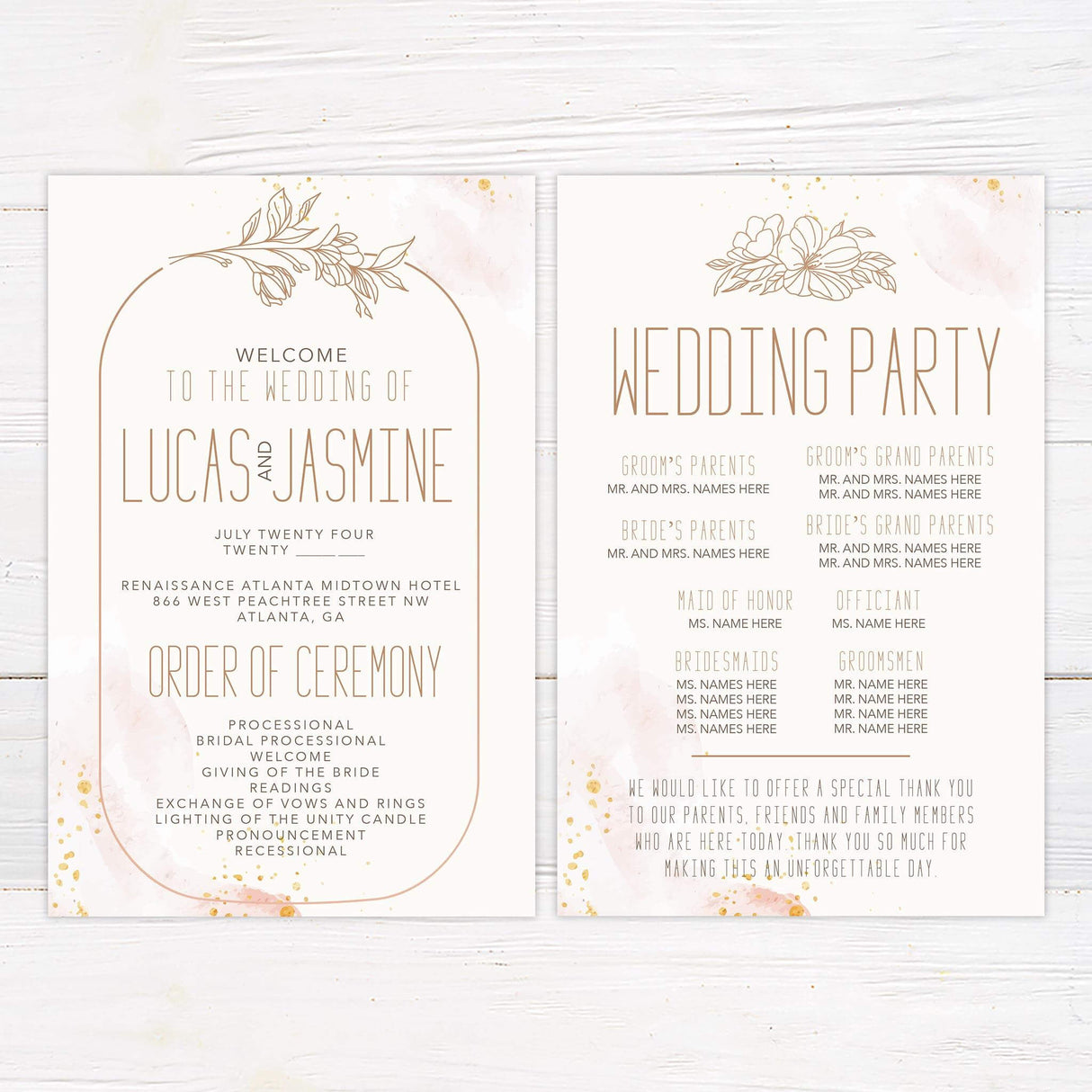 Wedding program with abstract blush background, floral line details, and elegant minimalist formatting.