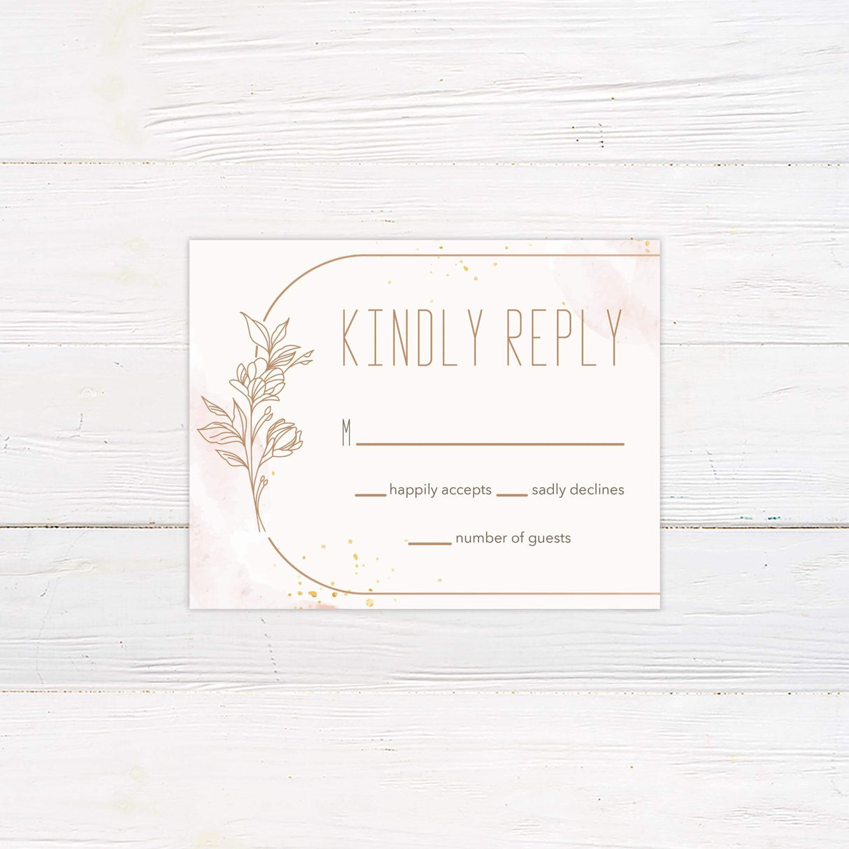 RSVP card with peach watercolor wash, matching rose gold floral line art, and clean minimalist fonts.