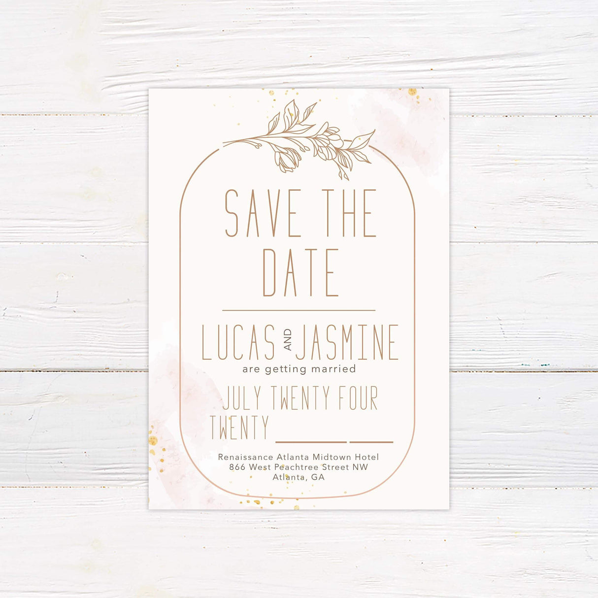 Save the date card with peach watercolor, delicate line art flowers, and modern minimalist font styling.