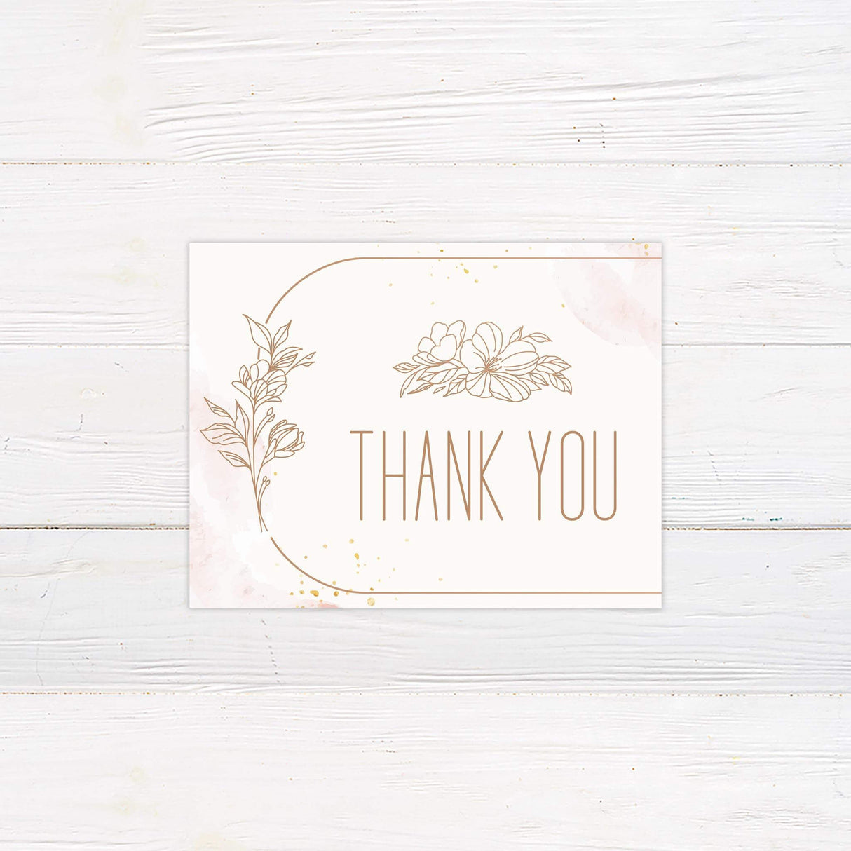 Thank you card with soft watercolor accents and line-drawn florals in peach tones, paired with modern fonts.