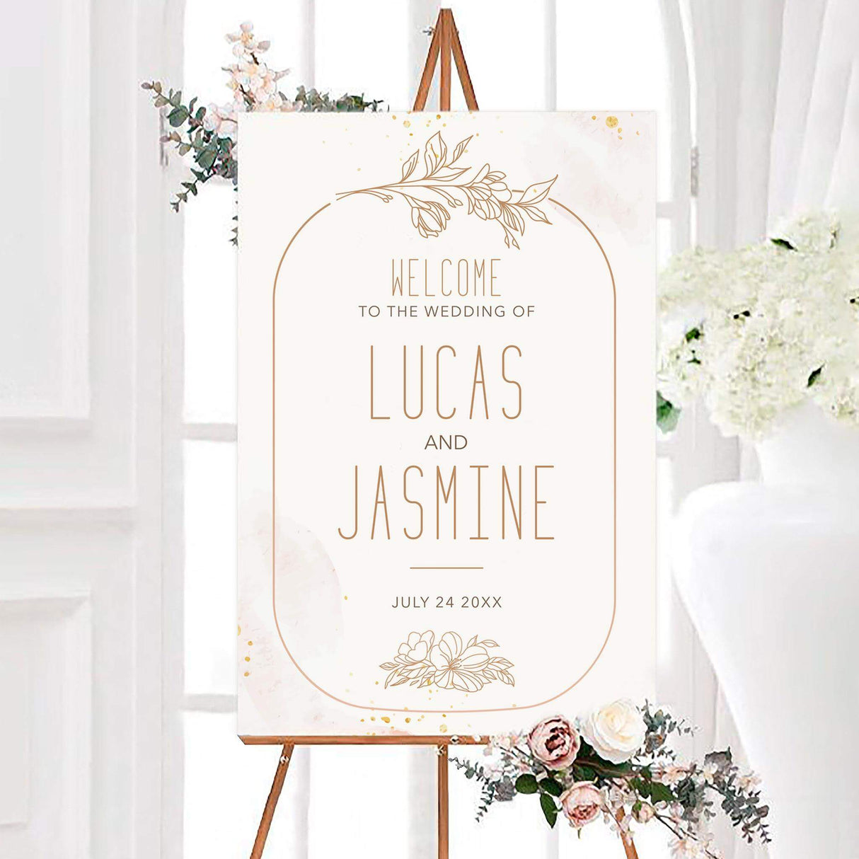Large wedding welcome sign with blush watercolor background, peach floral line drawings, and minimalist serif text.