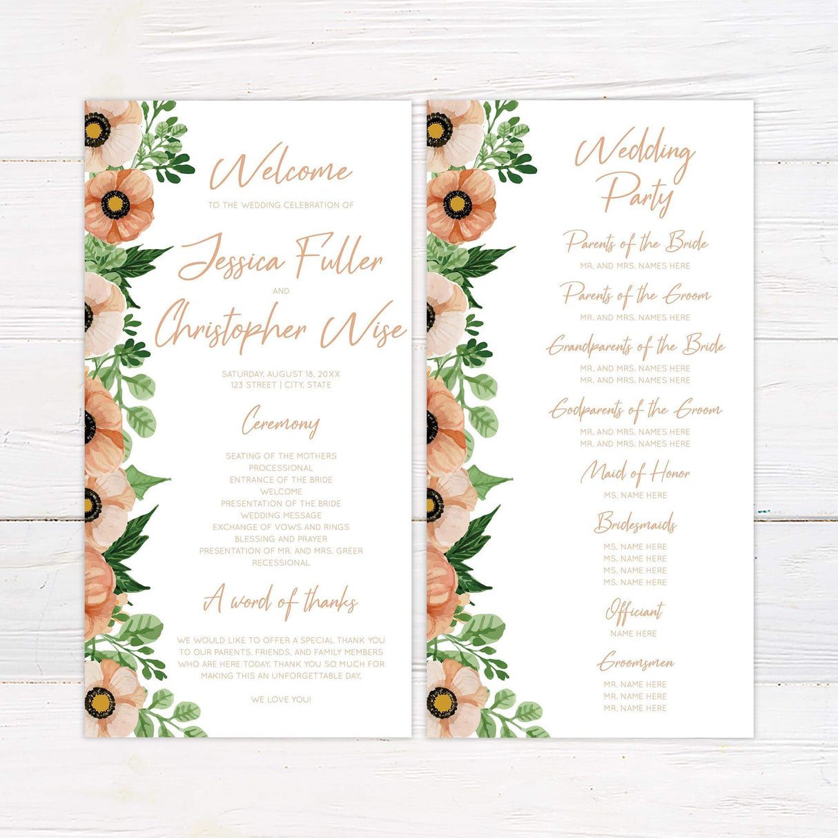 Wedding program with soft peach poppy flowers and greenery, accented by elegant serif and handwritten fonts.