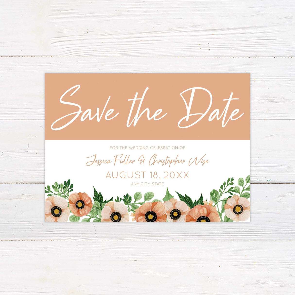 Save the date card with peach poppy florals, lush green foliage, and minimalist modern text layout.