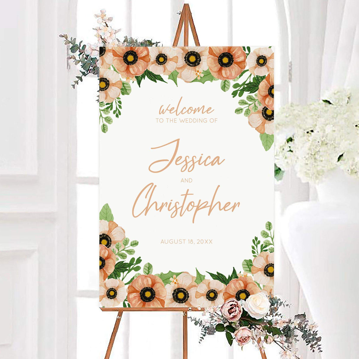 Peach floral wedding welcome sign featuring poppy-style flowers, green foliage, and elegant peach script on a white background. The personalized design includes the couple’s names and wedding date.