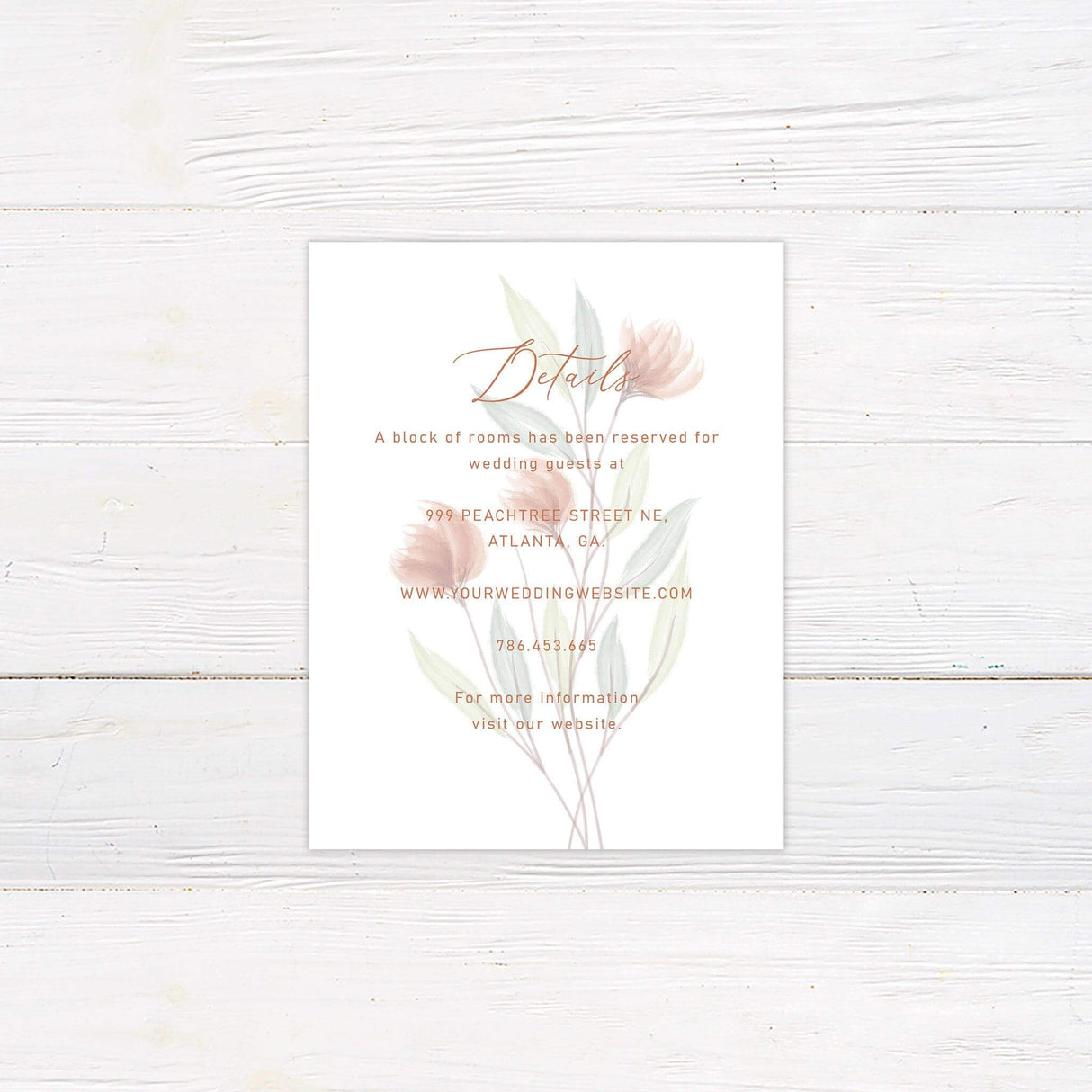 Wedding detail card featuring matching peach and green wildflowers with simple text layout and modern design.