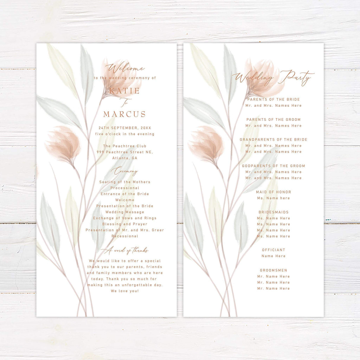 Wedding program with coordinating watercolor florals and green leaves in a structured minimalist format.