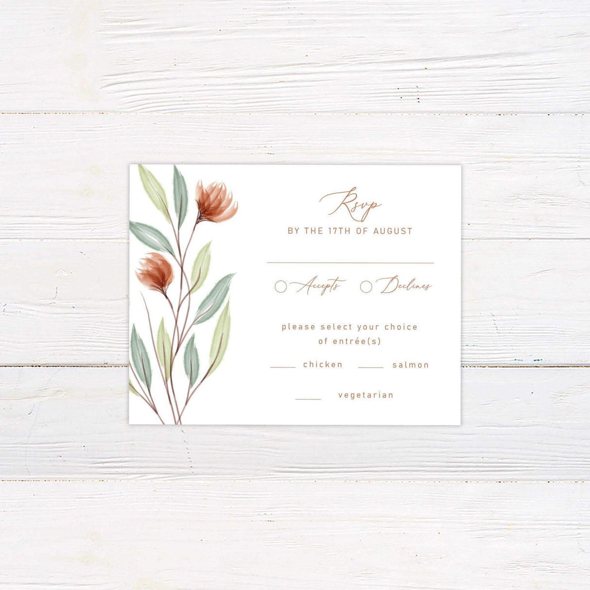 RSVP card with watercolor peach floral stems and clean minimalist layout in modern fonts.