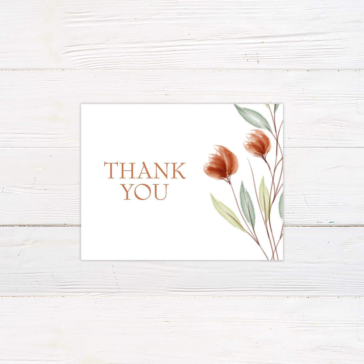 Thank you card with hand-painted peach wildflowers and soft script message on a white background.