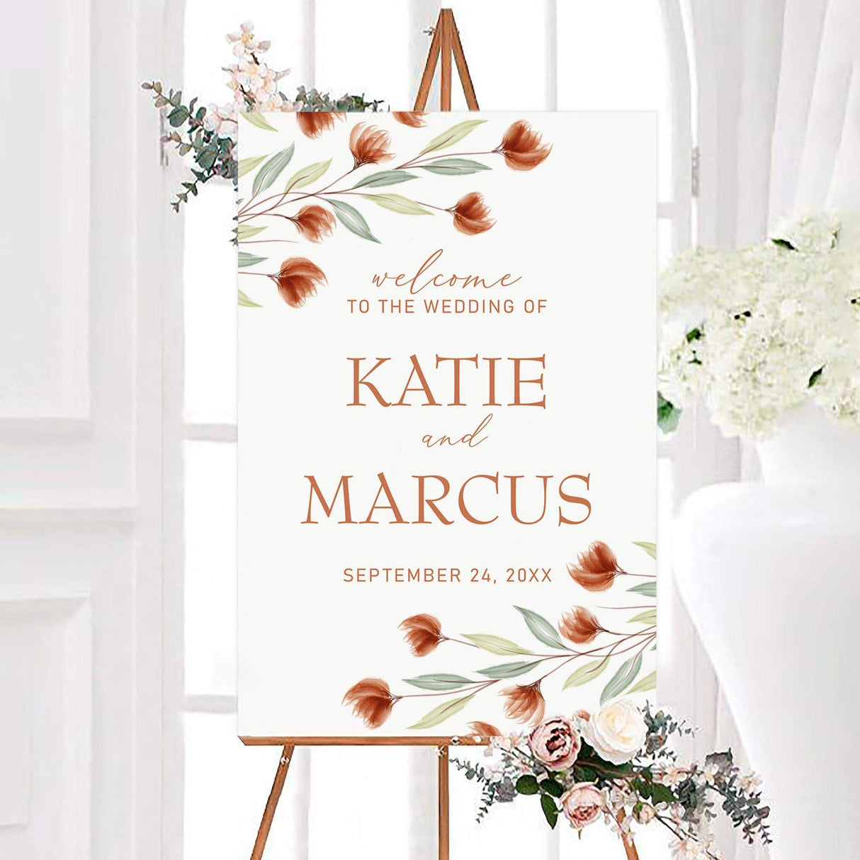 Peach minimalist floral wedding welcome sign with watercolor branches, green leaves, and personalized couple names. The minimalist white design includes a custom wedding date and elegant script accents.