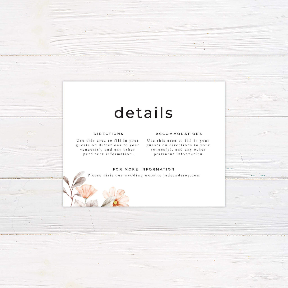 Wedding detail card featuring soft peach and blush florals and clean modern font layout on a white background.