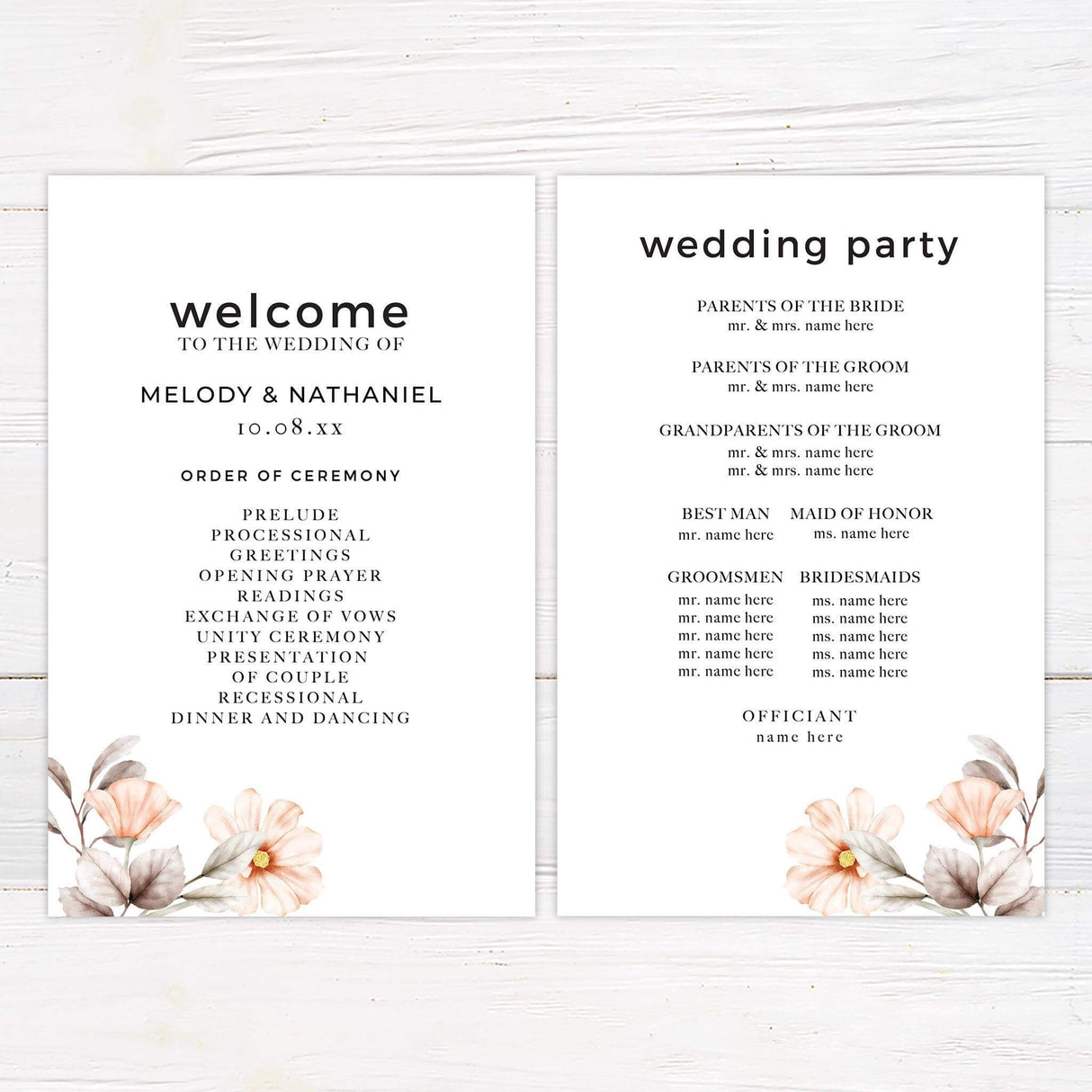 Wedding program with matching corner florals in peach tones and elegant black serif font.