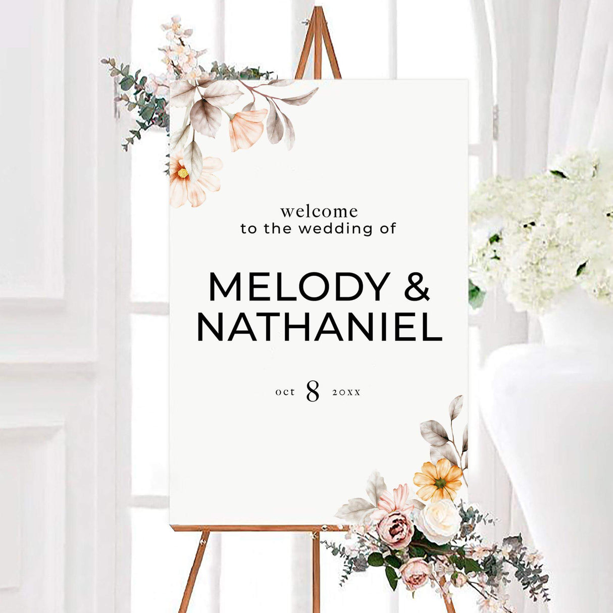 Peach watercolor flower wedding welcome sign with blush flowers, muted leaves, and bold black typography on a white background. The personalized design features the couple’s names and wedding date in a modern layout.