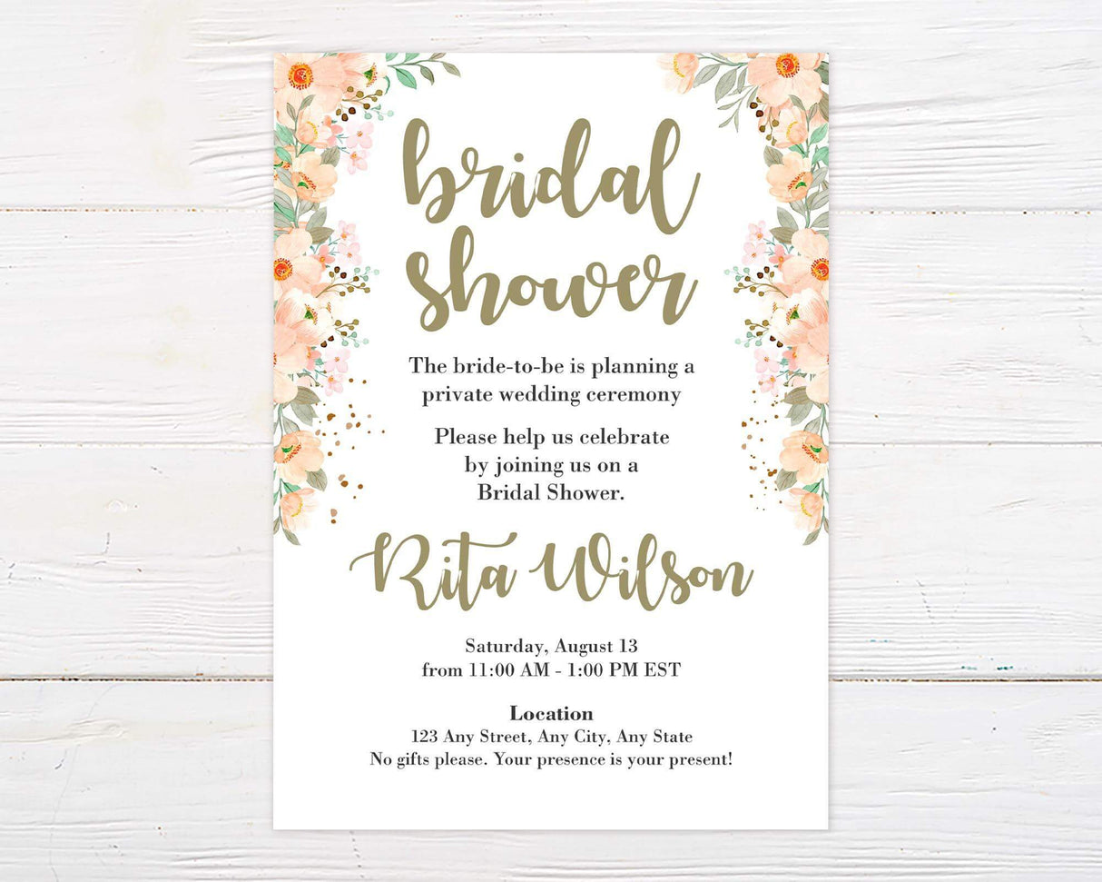 Peach Floral Border Bridal Shower Invitation with elegant design for a memorable celebration, featuring delicate flower accents.