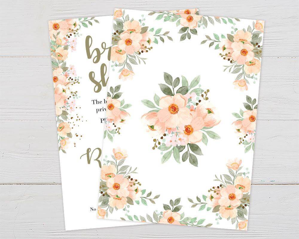 Elegant bridal shower invitation with peach floral border, adding sophistication and warmth, perfect for memorable celebrations.