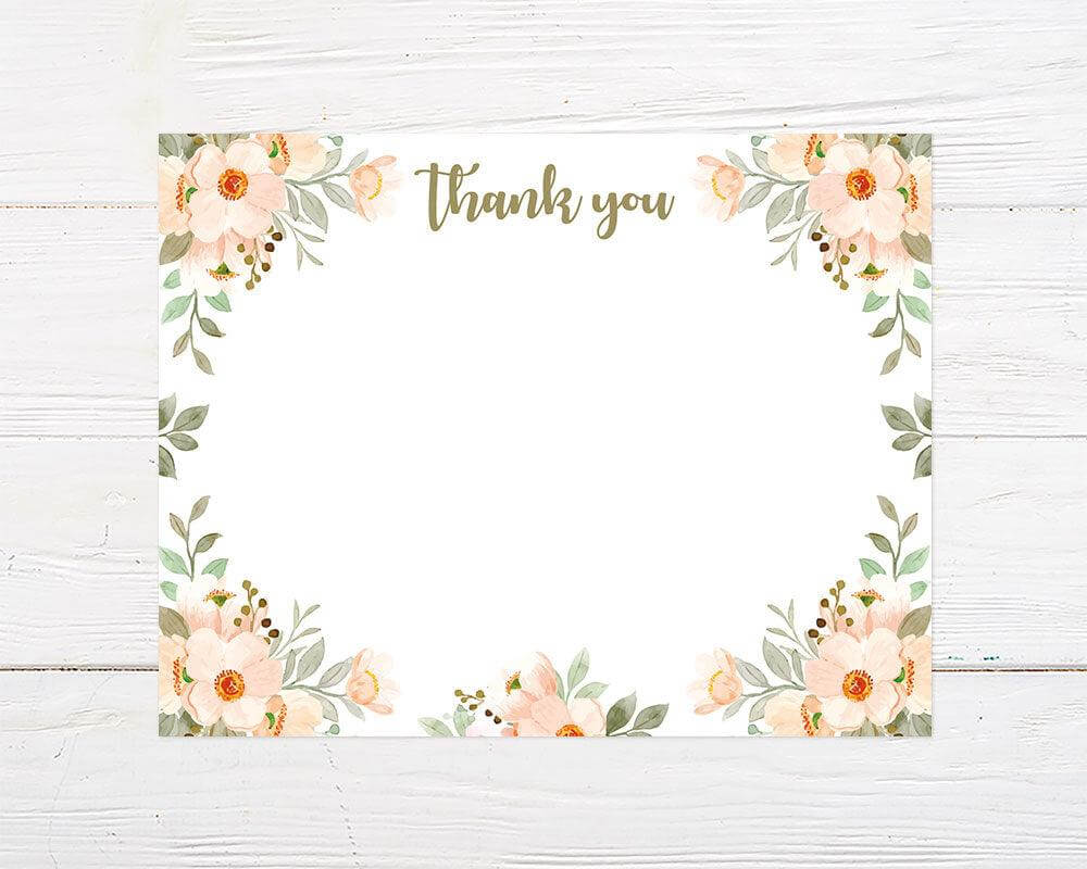 Peach floral border invitation with "thank you" text, featuring elegant flower design on a white backdrop for bridal showers.