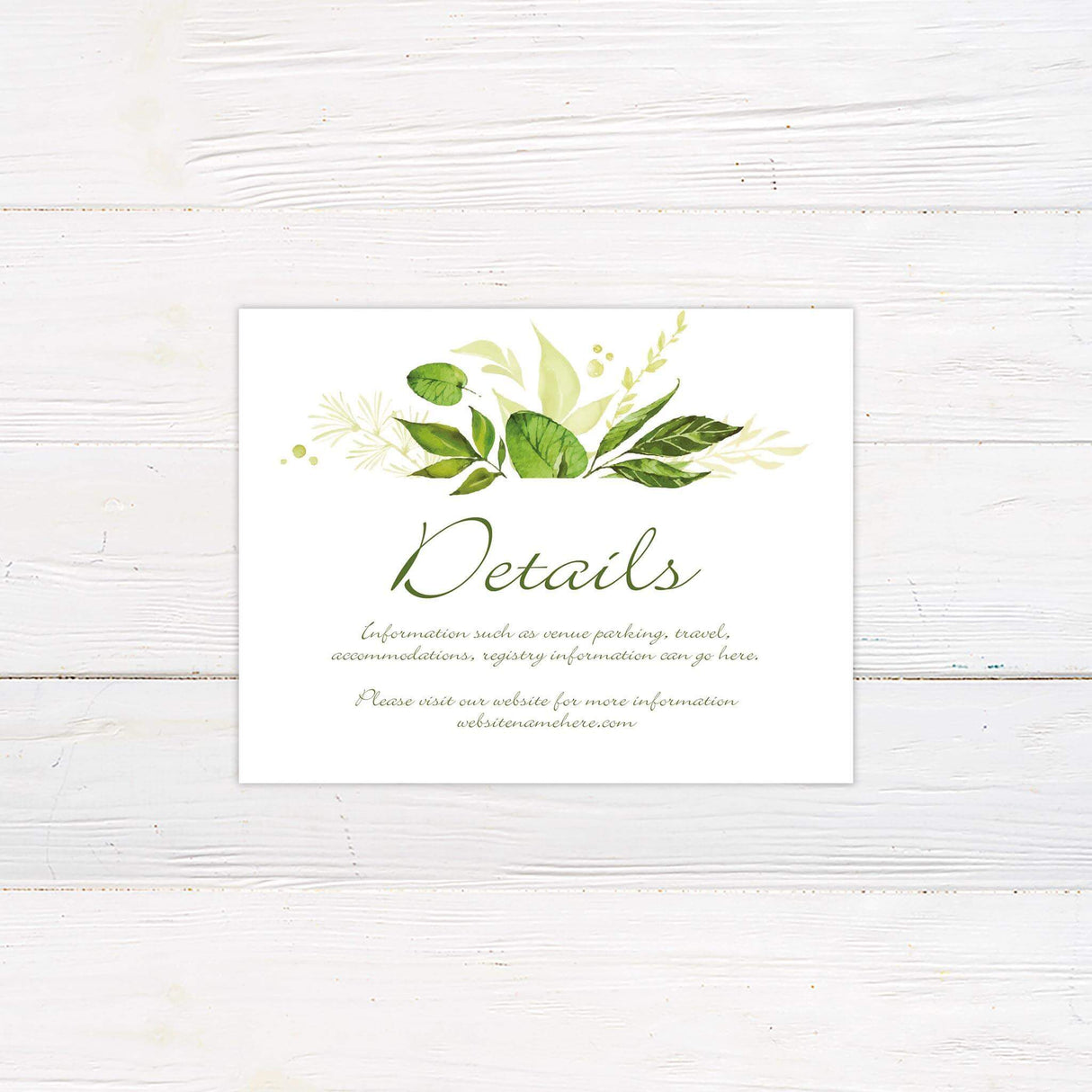Wedding detail card featuring soft greenery illustration and clean modern text.