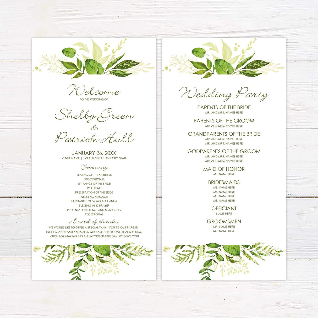 Wedding program with elegant green leaf borders and a blend of calligraphy and serif fonts.