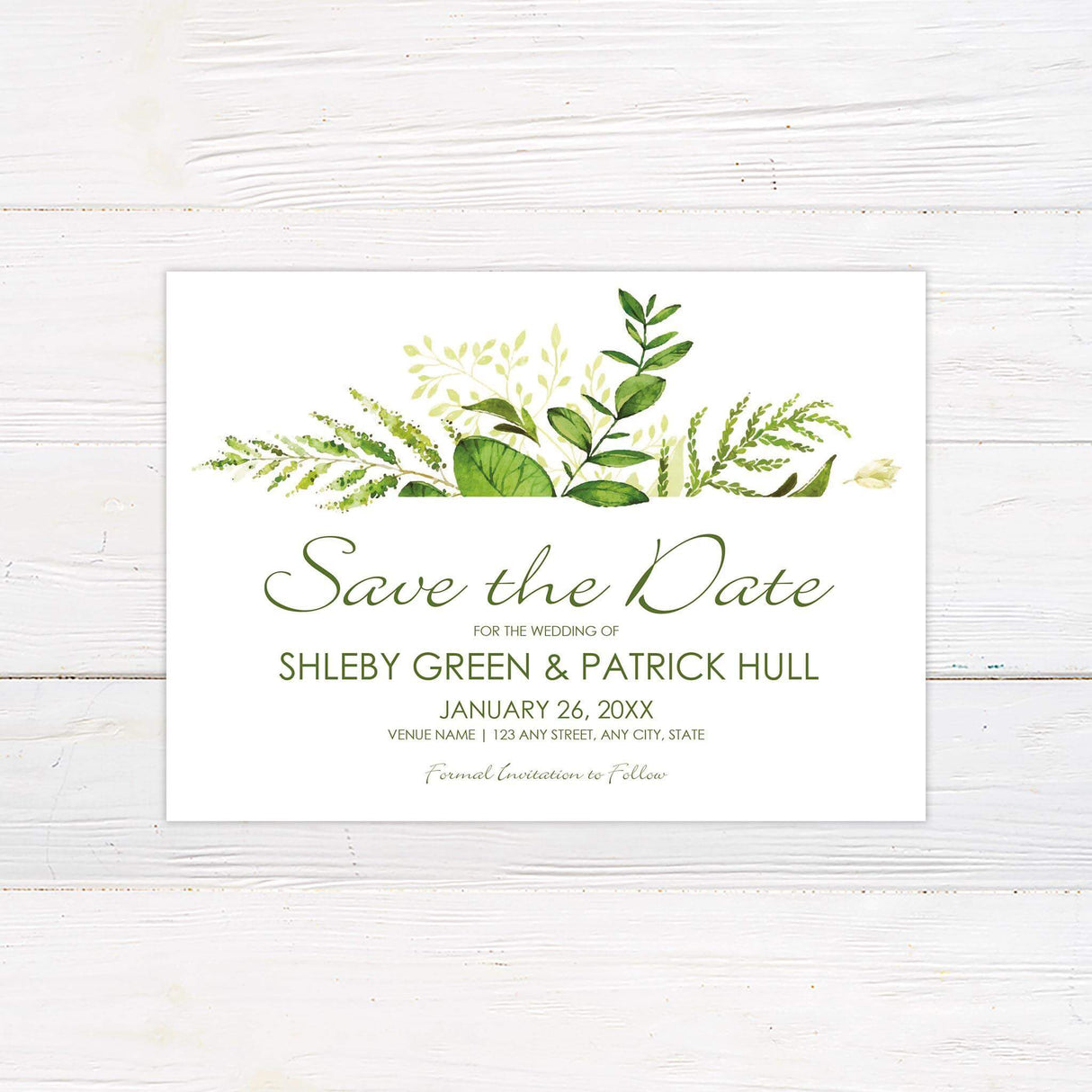Save the date card with green leaves, clean white background, and elegant modern fonts.