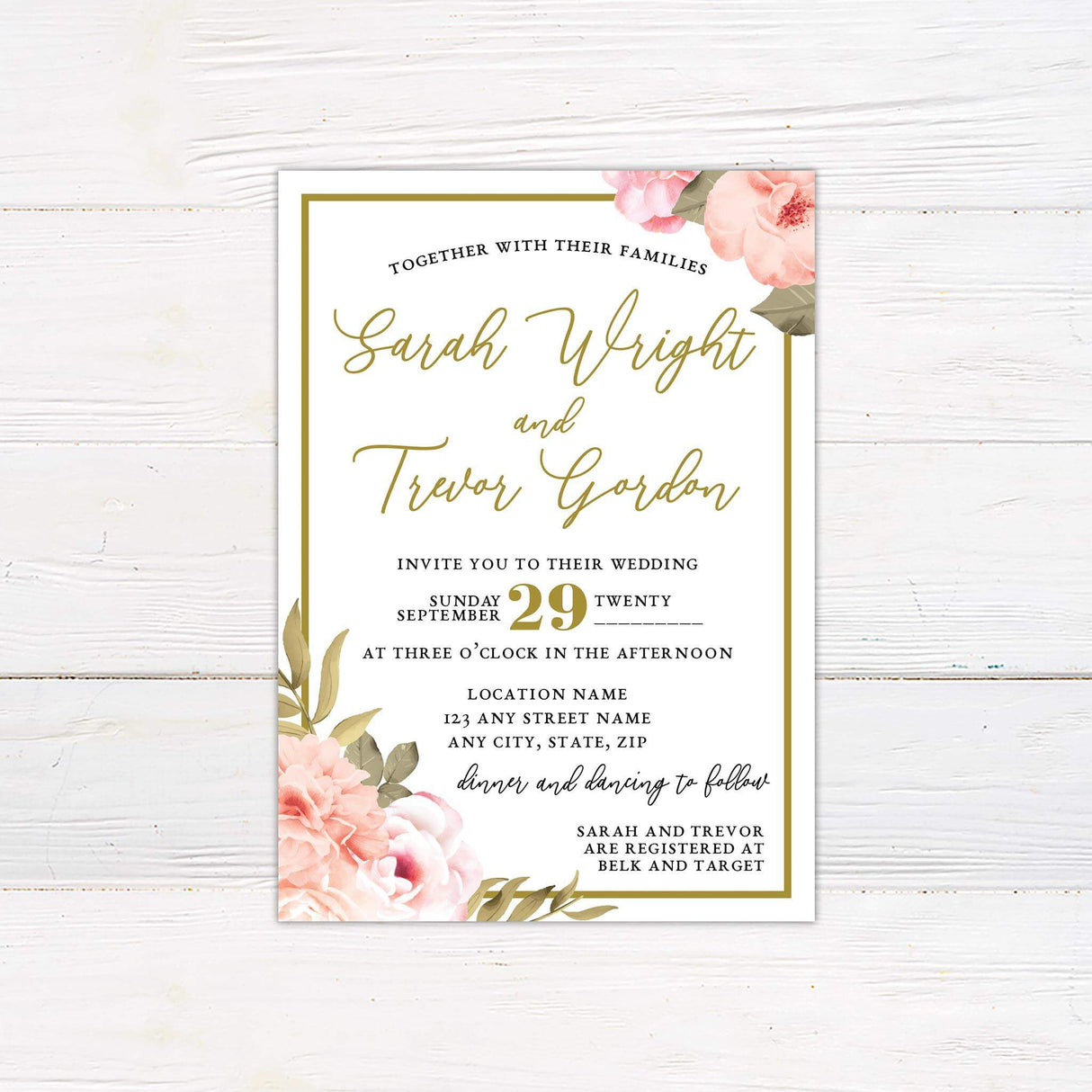 Elegant wedding invitation featuring a floral design with soft pink and peach roses, green leaves, and a gold border. The text is displayed in a mix of flowing script and classic serif fonts, creating a sophisticated and timeless look. The details include the wedding date, time, location, and a note about dinner and dancing to follow. The design exudes romance and elegance, making it perfect for a classic, garden, or vintage-inspired wedding celebration.