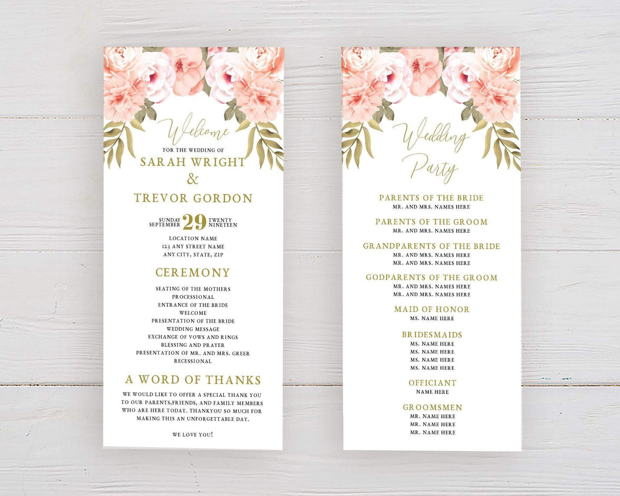 Elegant wedding program featuring a floral design with soft pink roses and lush greenery at the top. Gold and black typography adds a sophisticated touch. The left panel welcomes guests and outlines the wedding ceremony details, including the processional, vows, and recessional. The right panel lists the wedding party members, including parents, grandparents, officiant, bridesmaids, and groomsmen. A heartfelt thank-you message expresses appreciation to family and friends.