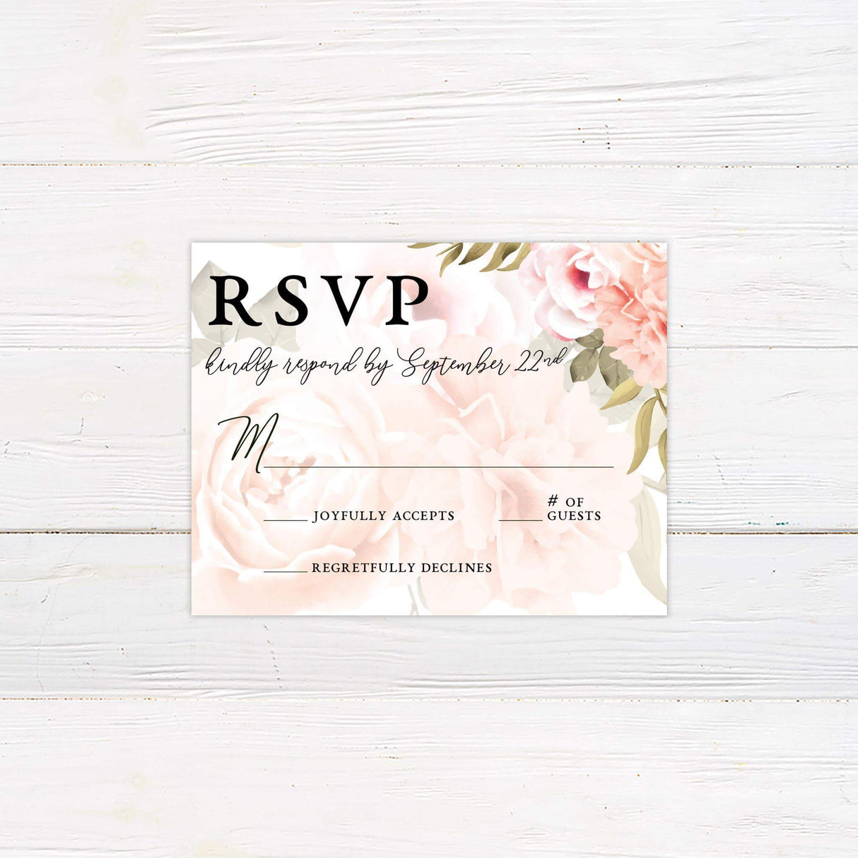 RSVP card with coordinating blush watercolor peonies and modern serif and gold script fonts.