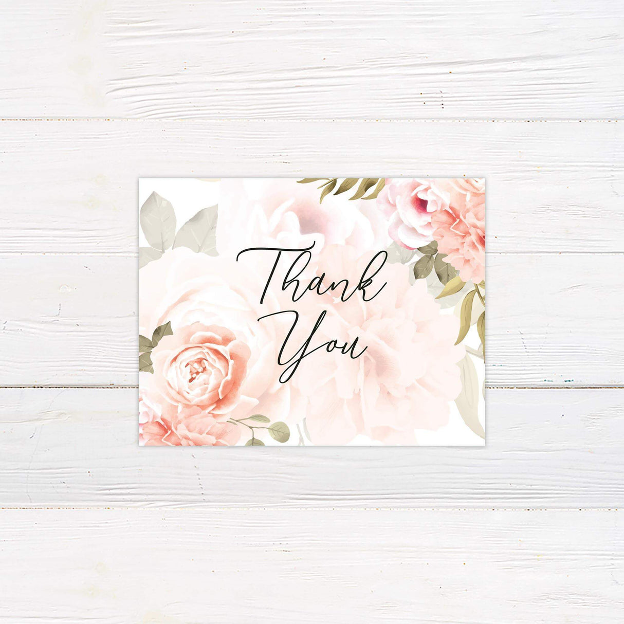 Thank you card with watercolor pink peonies and a handwritten-style thank-you script.